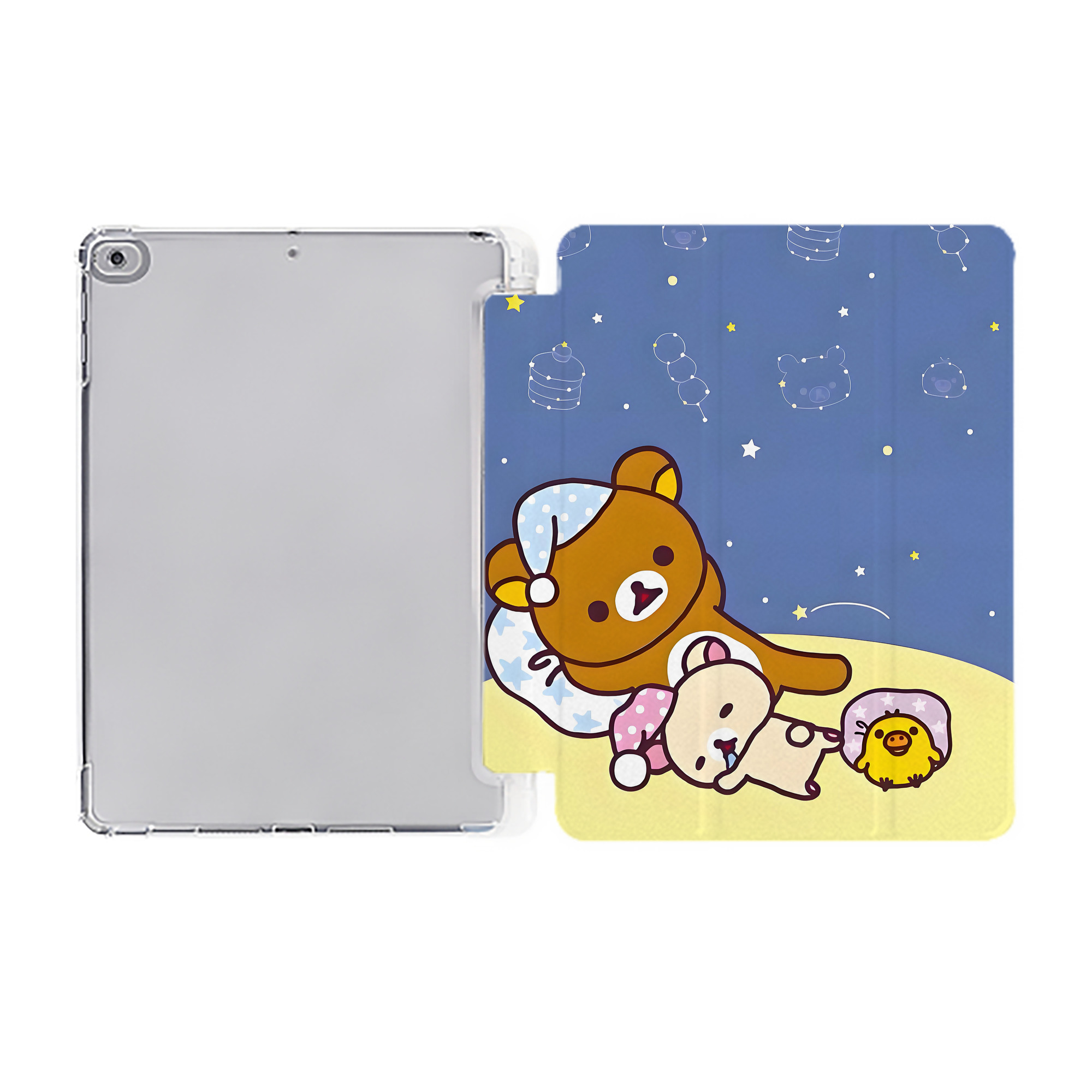 （画像用） リラックマ リラックマ キイロイトリ Rilakkuma Korilakkuma Kiiroitori IPad ケース ペン収納付き 三つ折りスタンド PUレザー×シリコン 対応機種9.5/10.5/10.9インチ